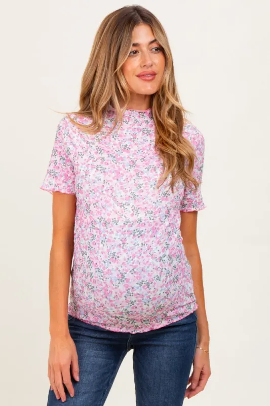 Pink Floral Ruffle Mock Neck Maternity Short Sleeve Top sold by Pinkblush