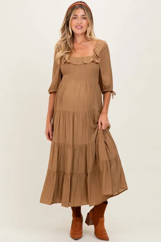 Mocha Smocked Ruffle Detail Tiered Maternity Midi Dress sold by Pinkblush