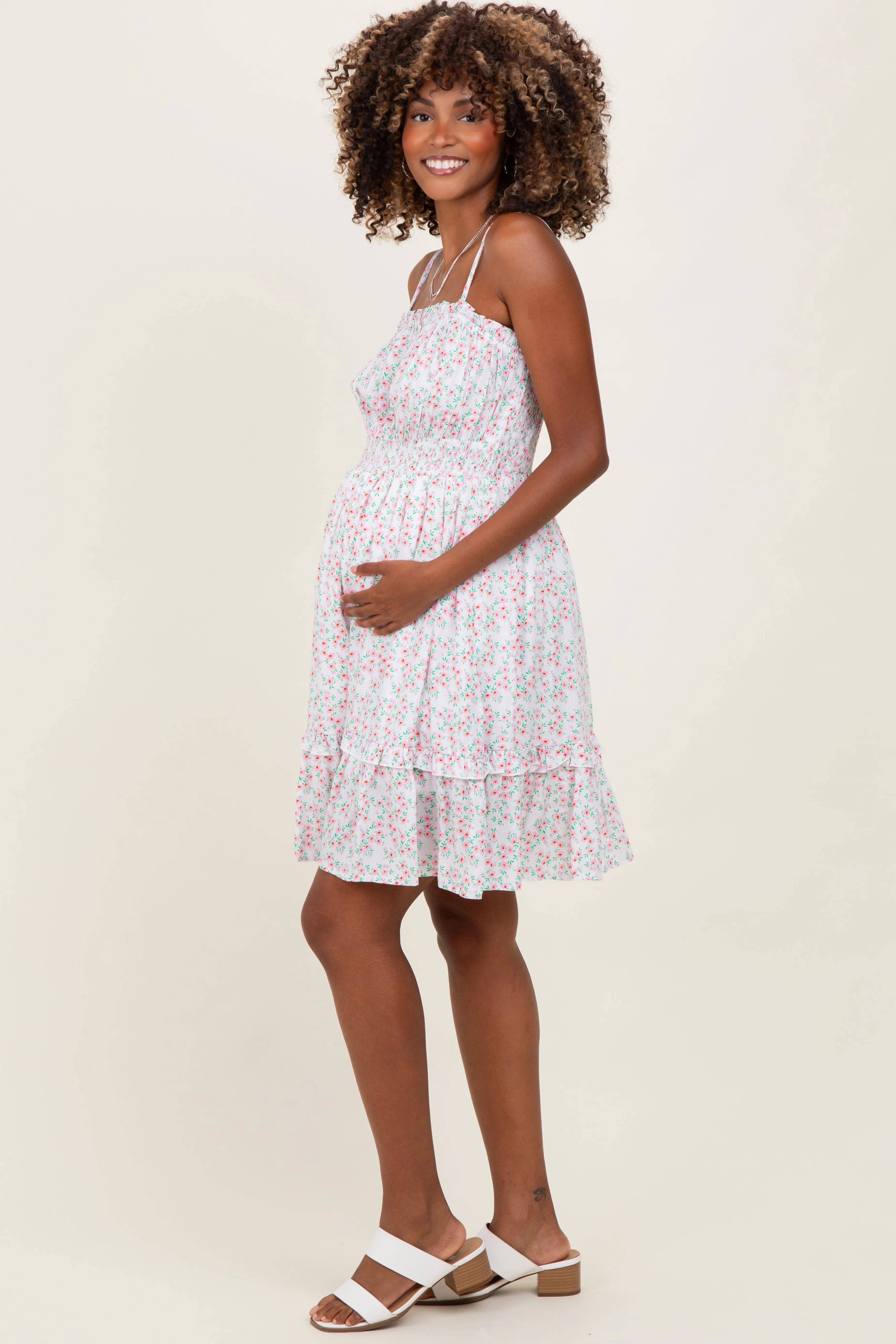 Ivory Floral Smocked Waist Ruffle Accent Maternity Dress sold by Pinkblush product image thumbnail 3