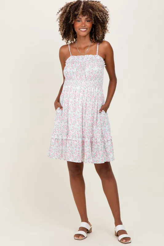 Ivory Floral Smocked Waist Ruffle Accent Maternity Dress sold by Pinkblush