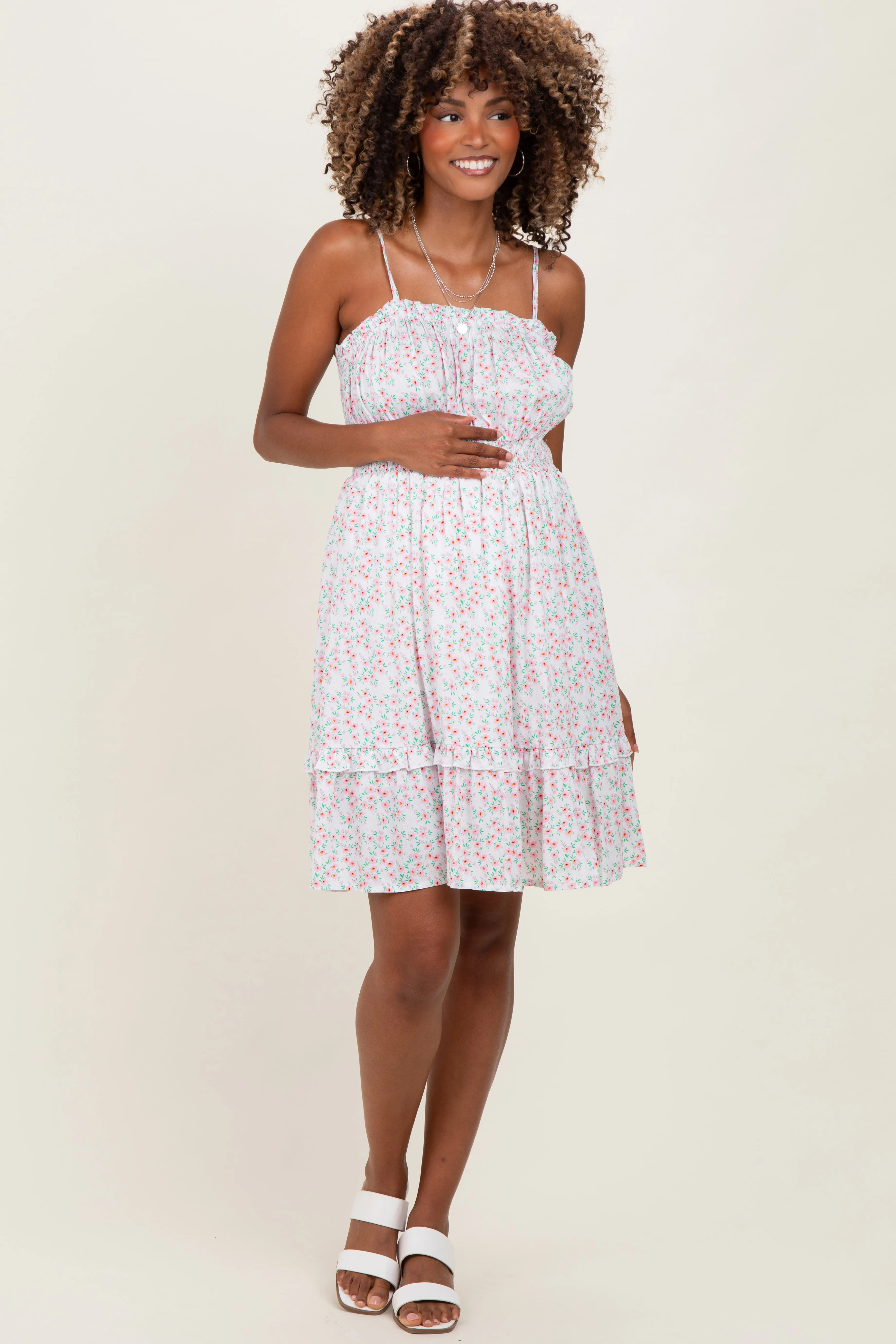 Ivory Floral Smocked Waist Ruffle Accent Maternity Dress sold by Pinkblush product image thumbnail 2