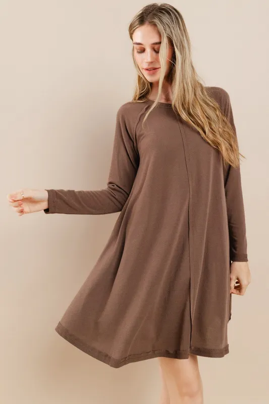 Brown Crew Neck Flared Fit Long Sleeve Mini Dress sold by Pinkblush