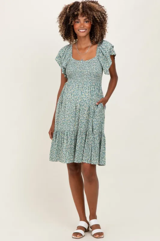 Light Olive Floral Smocked Flutter Sleeve Maternity Dress sold by Pinkblush