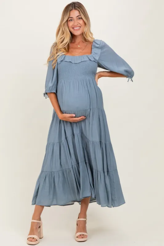 Light Blue Smocked Ruffle Detail Tiered Maternity Midi Dress sold by Pinkblush