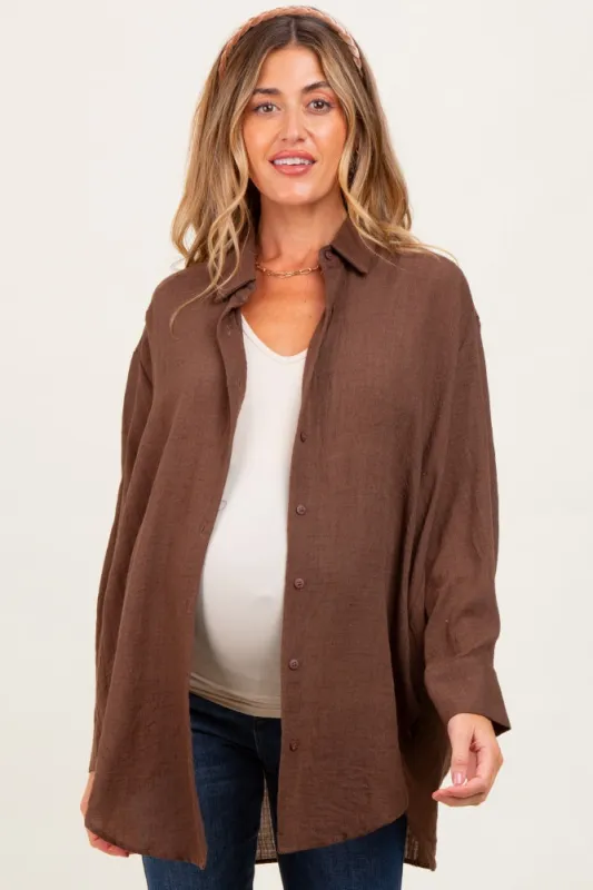 Light Brown Lightweight Sheer Button Down Maternity Blouse sold by Pinkblush