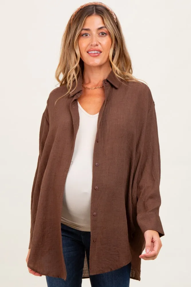 Light Brown Lightweight Sheer Button Down Maternity Blouse sold by Pinkblush