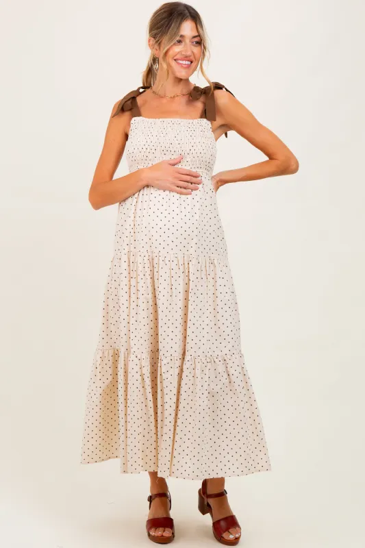 Cream Polka Dot Tiered Shoulder Tie Maternity Midi Dress sold by Pinkblush