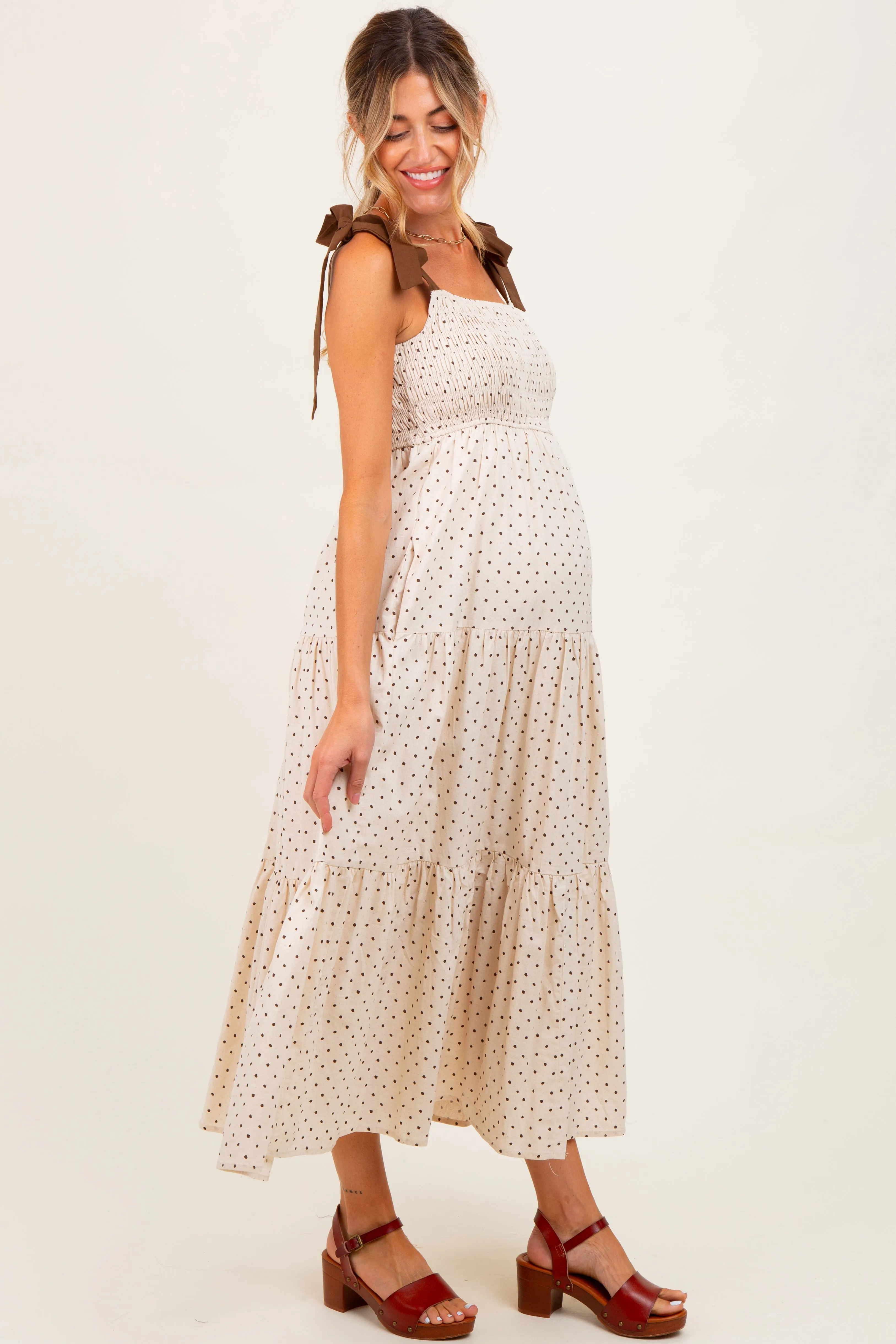 Cream Polka Dot Tiered Shoulder Tie Maternity Midi Dress sold by Pinkblush product image thumbnail 2