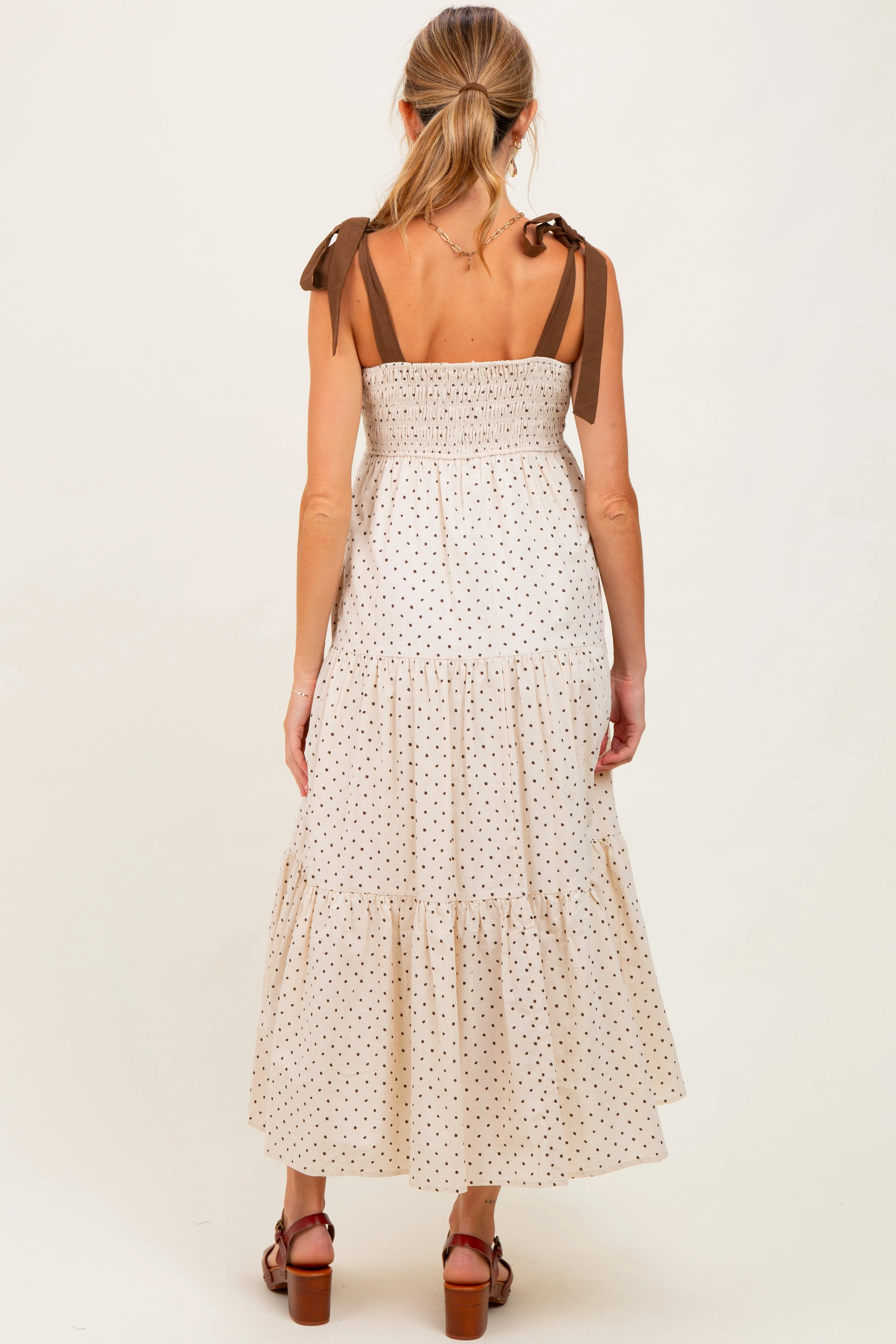 Cream Polka Dot Tiered Shoulder Tie Maternity Midi Dress sold by Pinkblush product image thumbnail 3