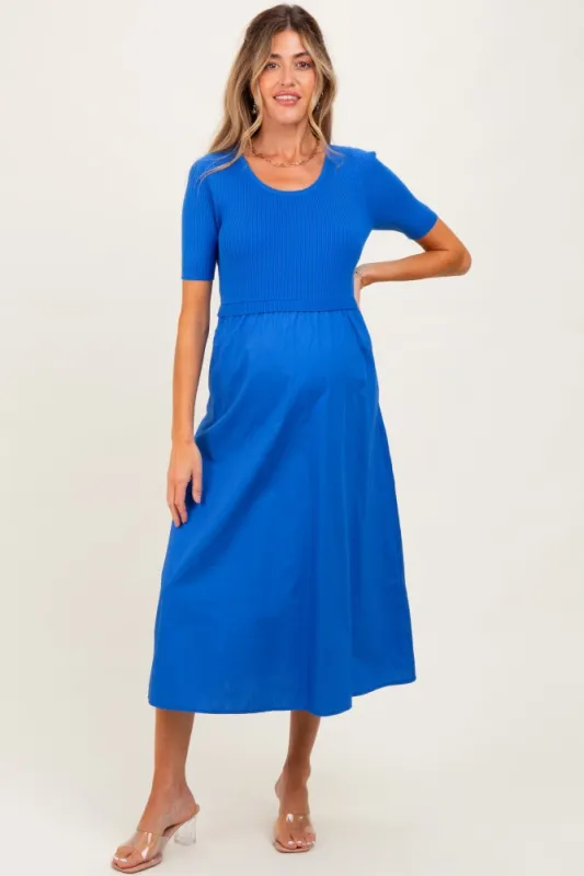 Blue Contrast Knit Top Maternity Midi Dress sold by Pinkblush