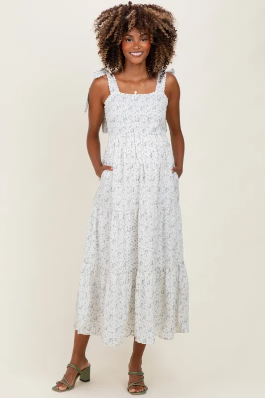Ivory Floral Lace Trim Shoulder Tie Maternity Maxi Dress sold by Pinkblush