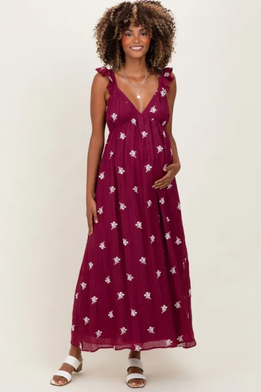 Wine Floral Embroidered V-Neck Maternity Midi Dress sold by Pinkblush