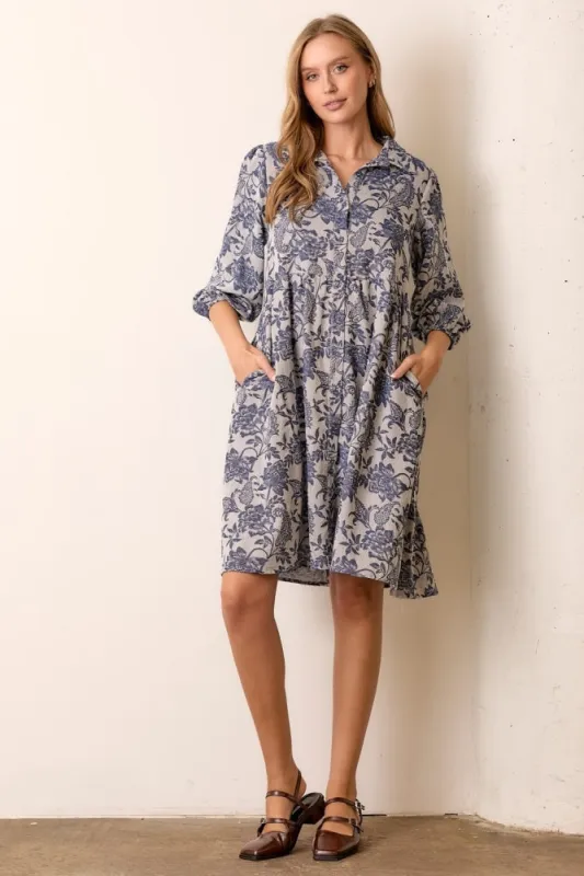 Navy Floral Button Down 3/4 Sleeve Midi Dress sold by Pinkblush