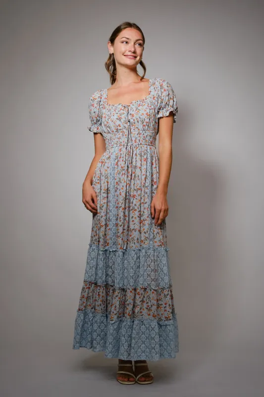 Light Blue Floral Lace Inset Puff Sleeve Maxi Dress sold by Pinkblush