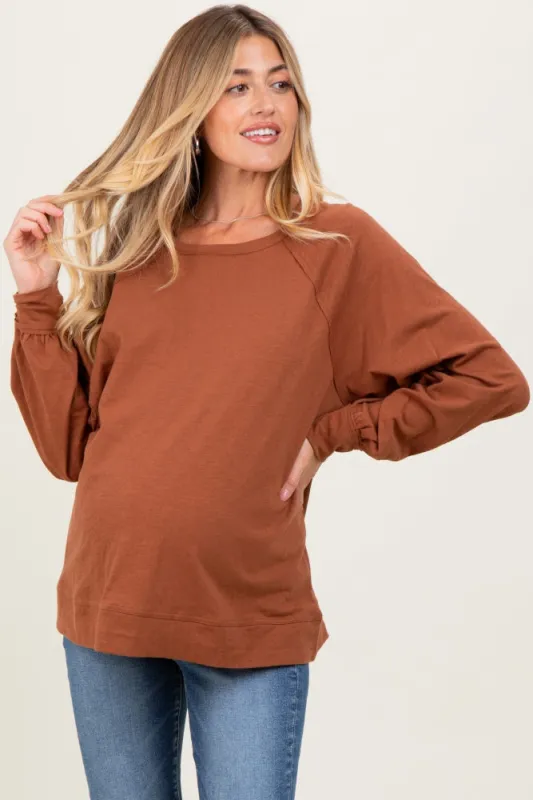 Mocha Oversized Cotton Slub Long Sleeve Maternity Top sold by Pinkblush