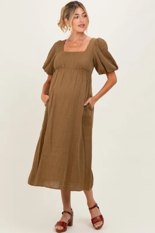 Camel Ribbed Puff Sleeve Tie Back Maternity Midi Dress sold by Pinkblush