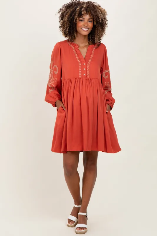 Rust Embroidered V-Neck Long Sleeve Maternity Dress sold by Pinkblush