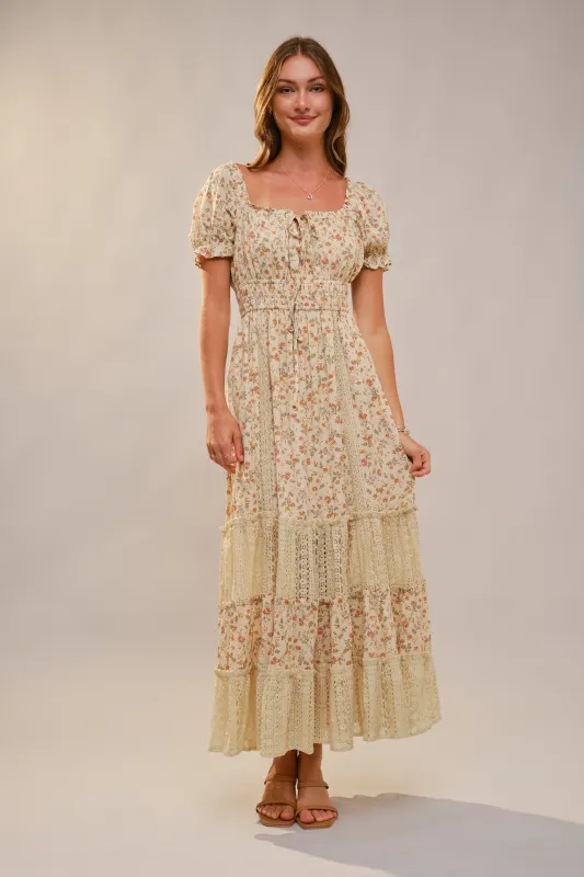 Cream Floral Lace Inset Puff Sleeve Maxi Dress sold by Pinkblush