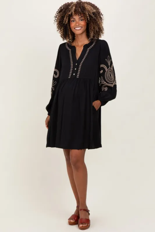 Black Embroidered V-Neck Long Sleeve Maternity Dress sold by Pinkblush