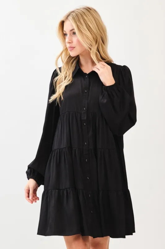Black Balloon Sleeve Tiered Shirt Dress sold by Pinkblush