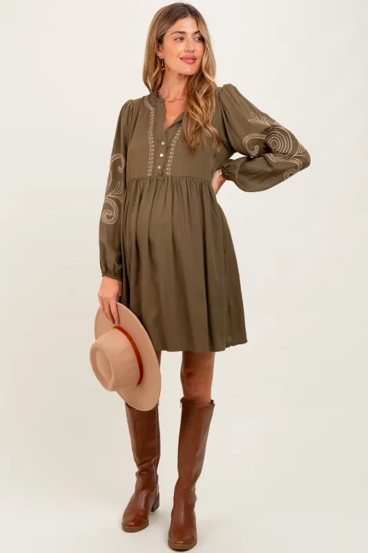 Olive Embroidered V-Neck Long Sleeve Maternity Dress sold by Pinkblush