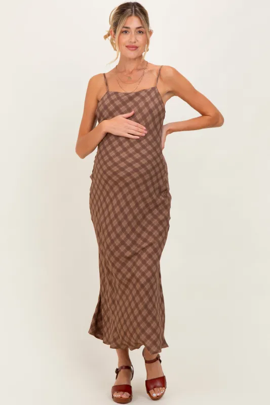 Brown Plaid Sleeveless Maternity Maxi Dress sold by Pinkblush