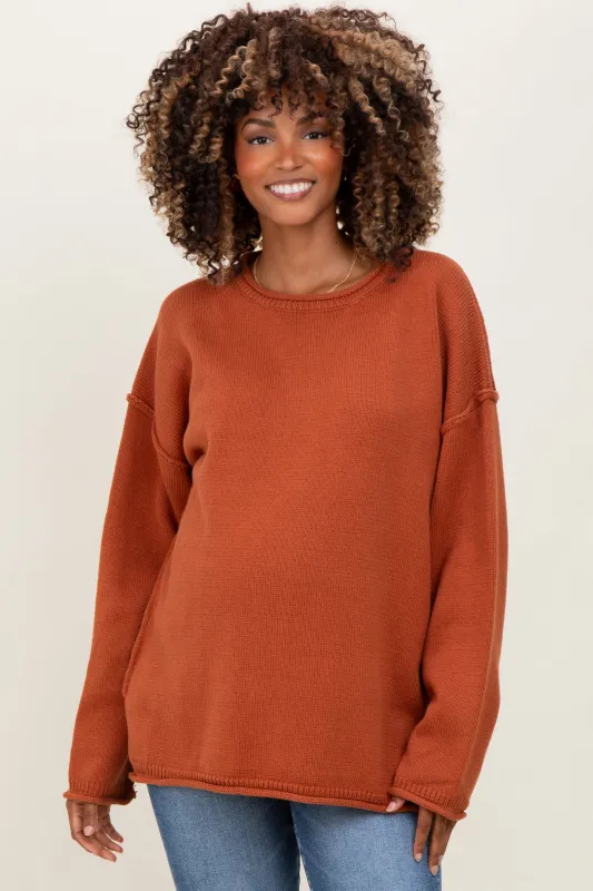 Brick Oversized Exposed Seam Maternity Sweater sold by Pinkblush