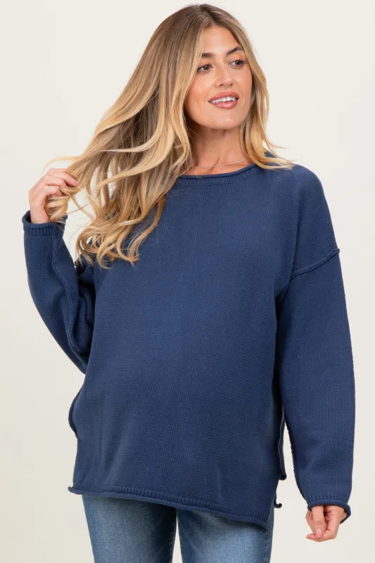 Navy Oversized Exposed Seam Maternity Sweater sold by Pinkblush