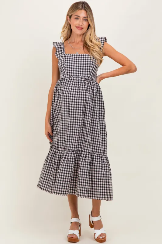 Black Gingham Ruffle Strap Maternity Midi Dress sold by Pinkblush