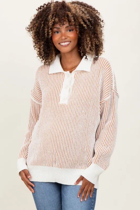 Camel Two Tone Stripe Textured Henley Neck Maternity Sweater Top sold by Pinkblush