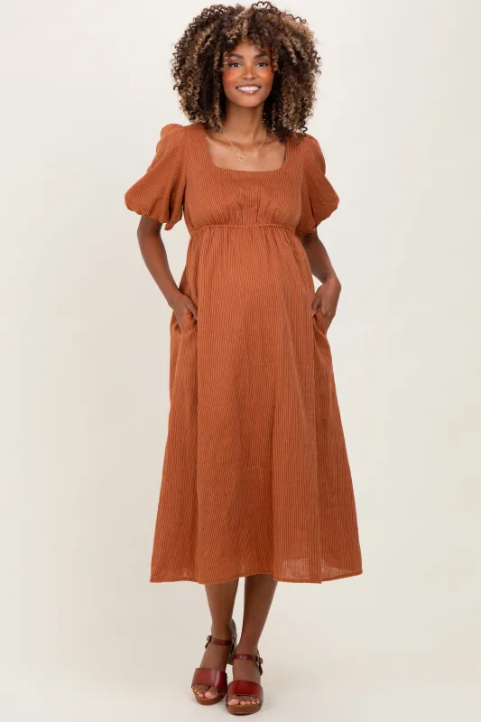 Rust Ribbed Puff Sleeve Tie Back Maternity Midi Dress sold by Pinkblush