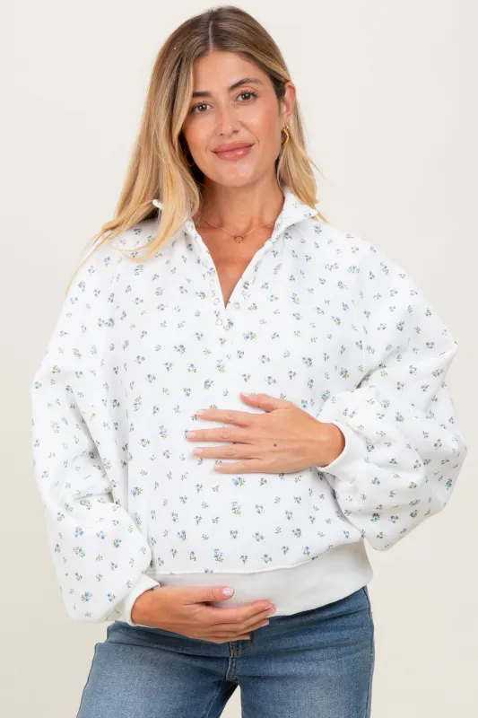 Ivory Floral Bubble Sleeve Snap Collar Maternity Sweatshirt sold by Pinkblush