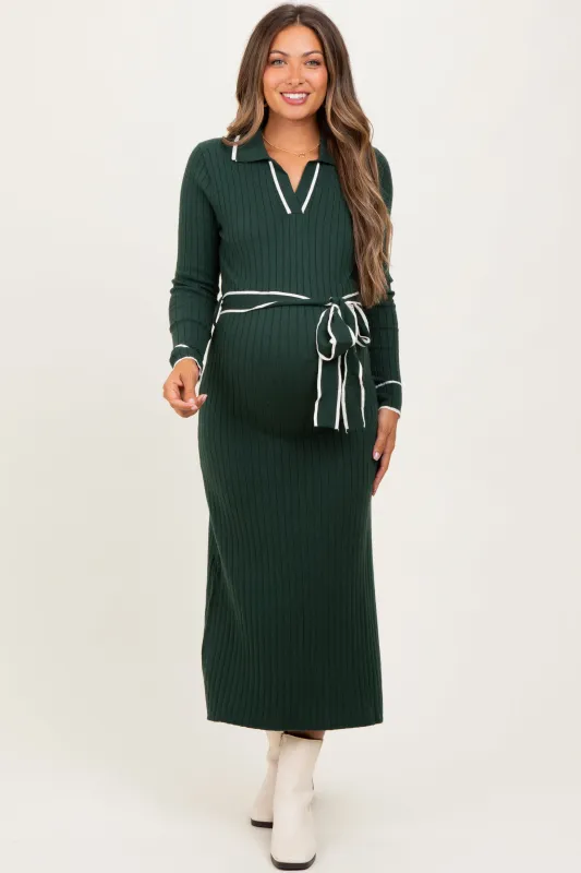Hunter Green Soft Stretchy Rib Fitted Maternity Sweater Midi Dress sold by Pinkblush