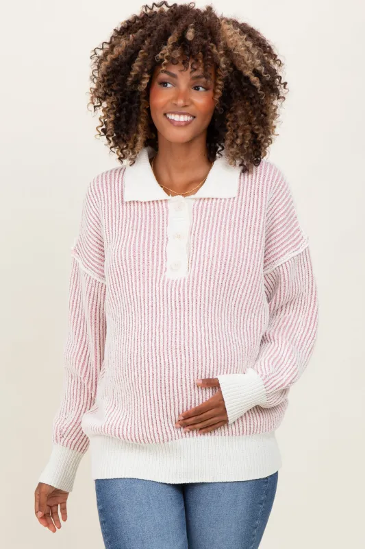 Light Pink Two Tone Stripe Textured Henley Neck Maternity Sweater Top sold by Pinkblush