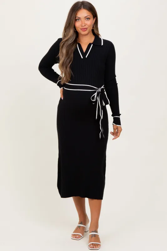 Black Soft Stretchy Rib Fitted Maternity Sweater Midi Dress sold by Pinkblush