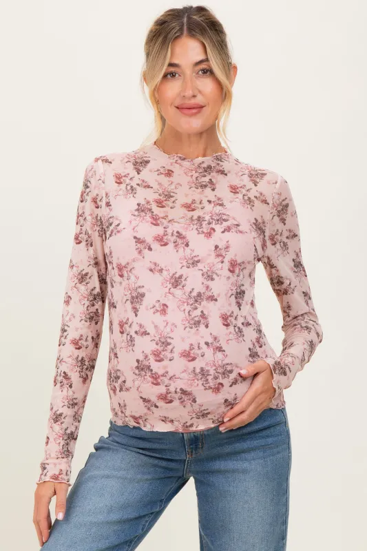Cream Rose Floral Mesh Maternity Long Sleeve Top sold by Pinkblush