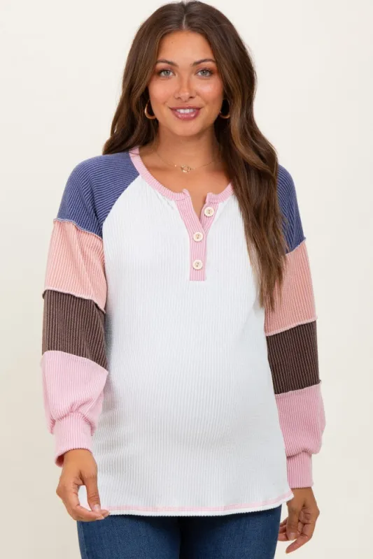 Pink Textured Rib Colorblock Raglan Maternity Long Sleeve sold by Pinkblush
