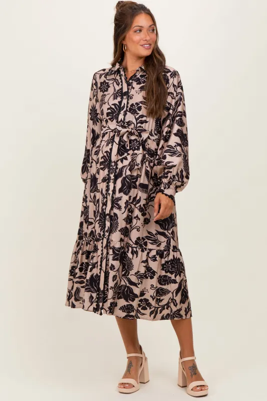 Beige Floral Button Down Bubble Sleeve Maternity Shirt Dress sold by Pinkblush