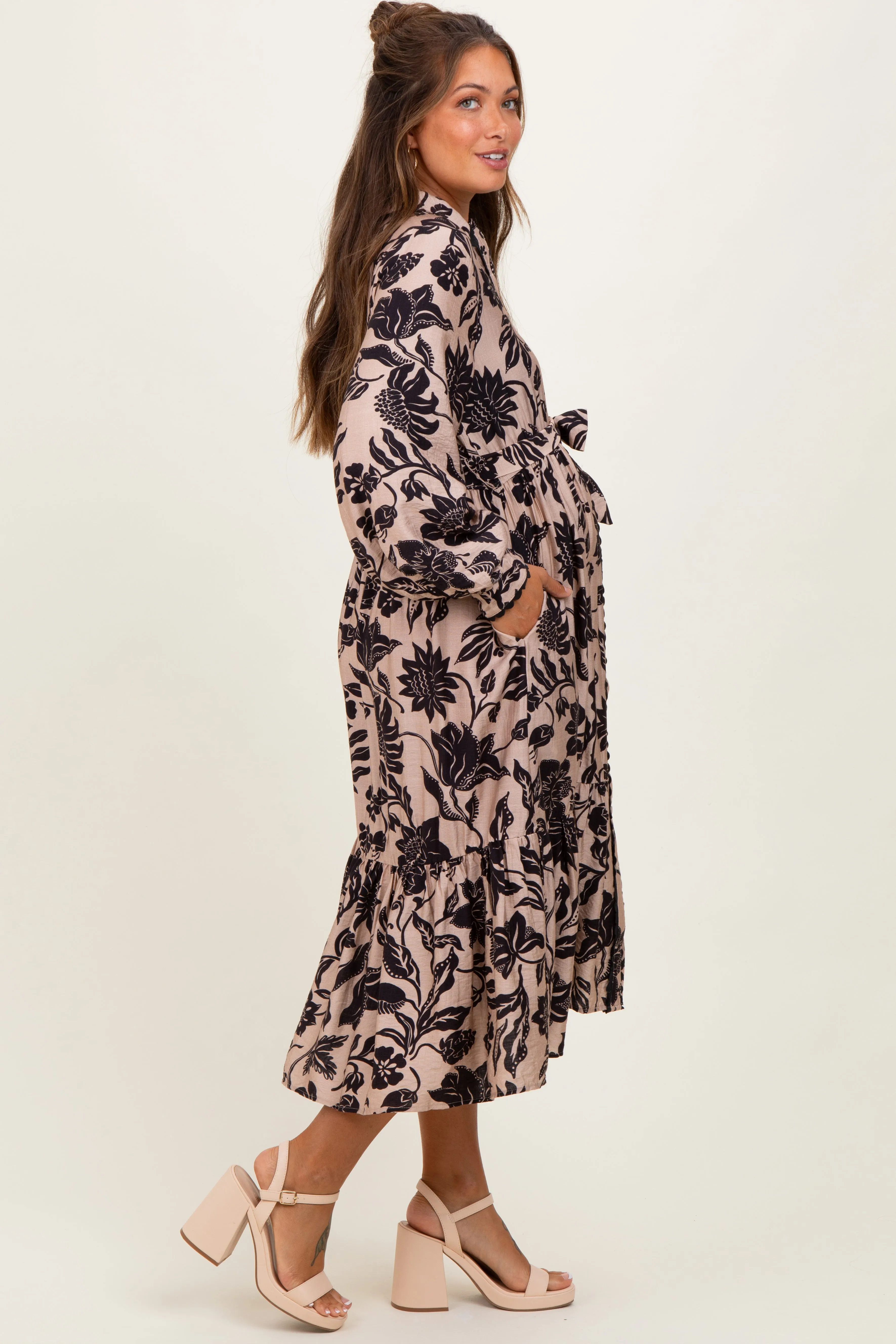Beige Floral Button Down Bubble Sleeve Maternity Shirt Dress sold by Pinkblush product image thumbnail 2