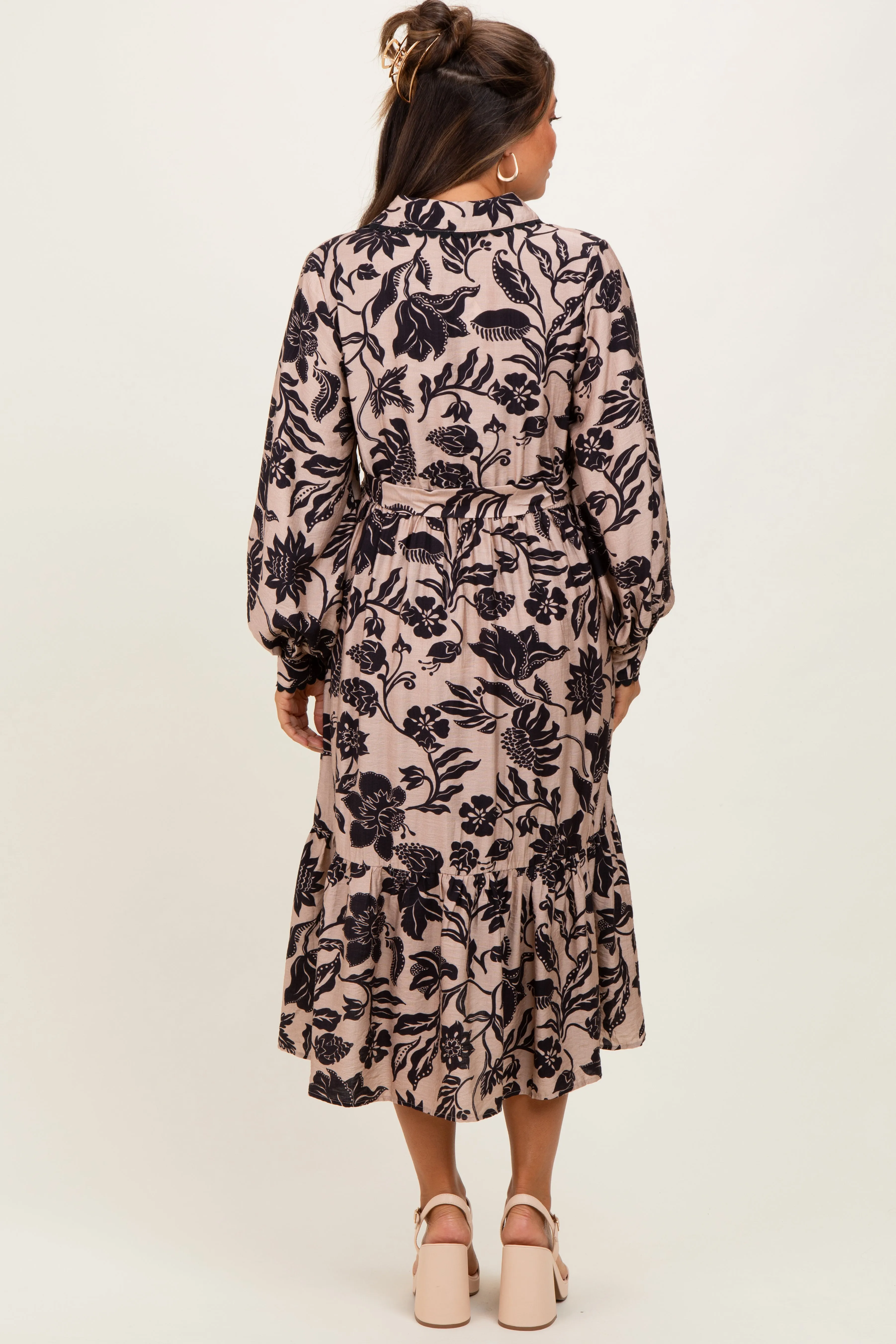 Beige Floral Button Down Bubble Sleeve Maternity Shirt Dress sold by Pinkblush product image thumbnail 3