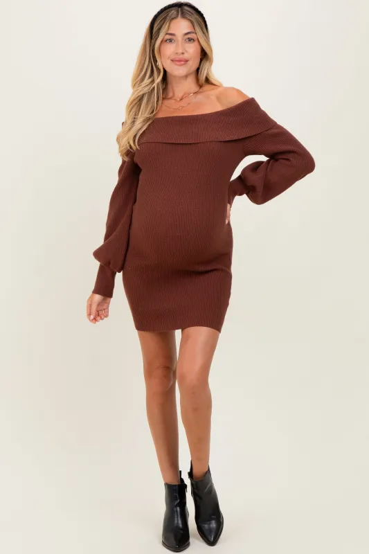 Brown Off The Shoulder Maternity Sweater Dress sold by Pinkblush