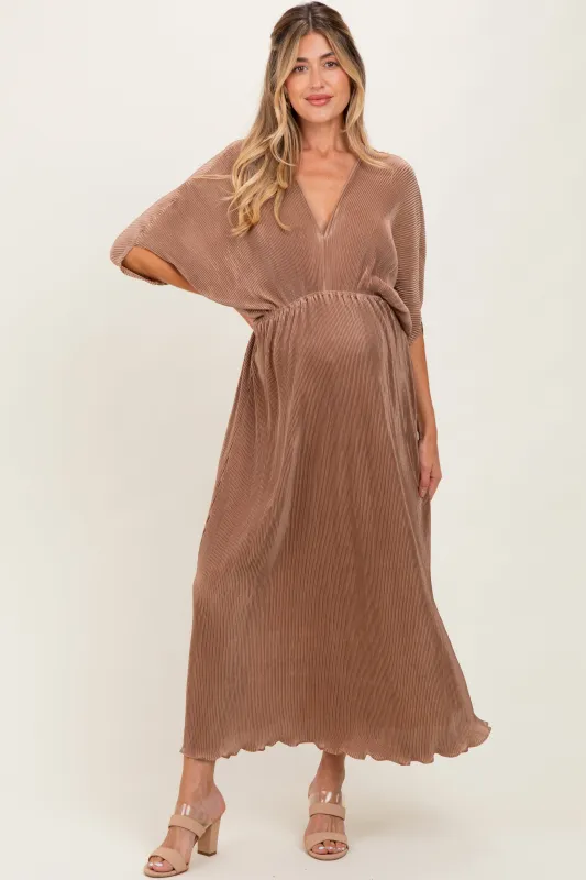 Mocha Pleated Satin Dolman Sleeve Maternity Maxi Dress sold by Pinkblush