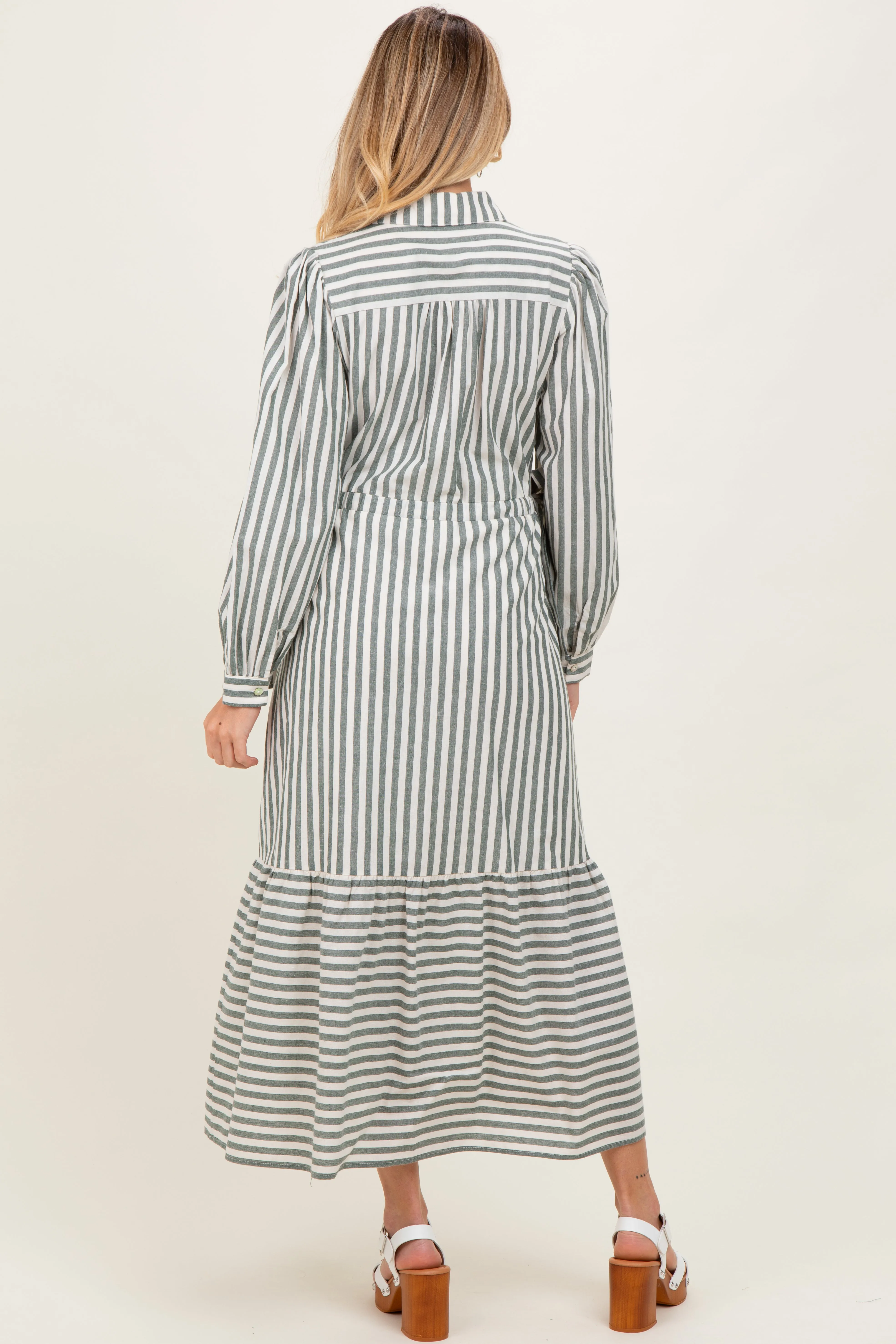Green Striped Collared Button Down Waist Tie Maternity Maxi Dress sold by Pinkblush product image thumbnail 3