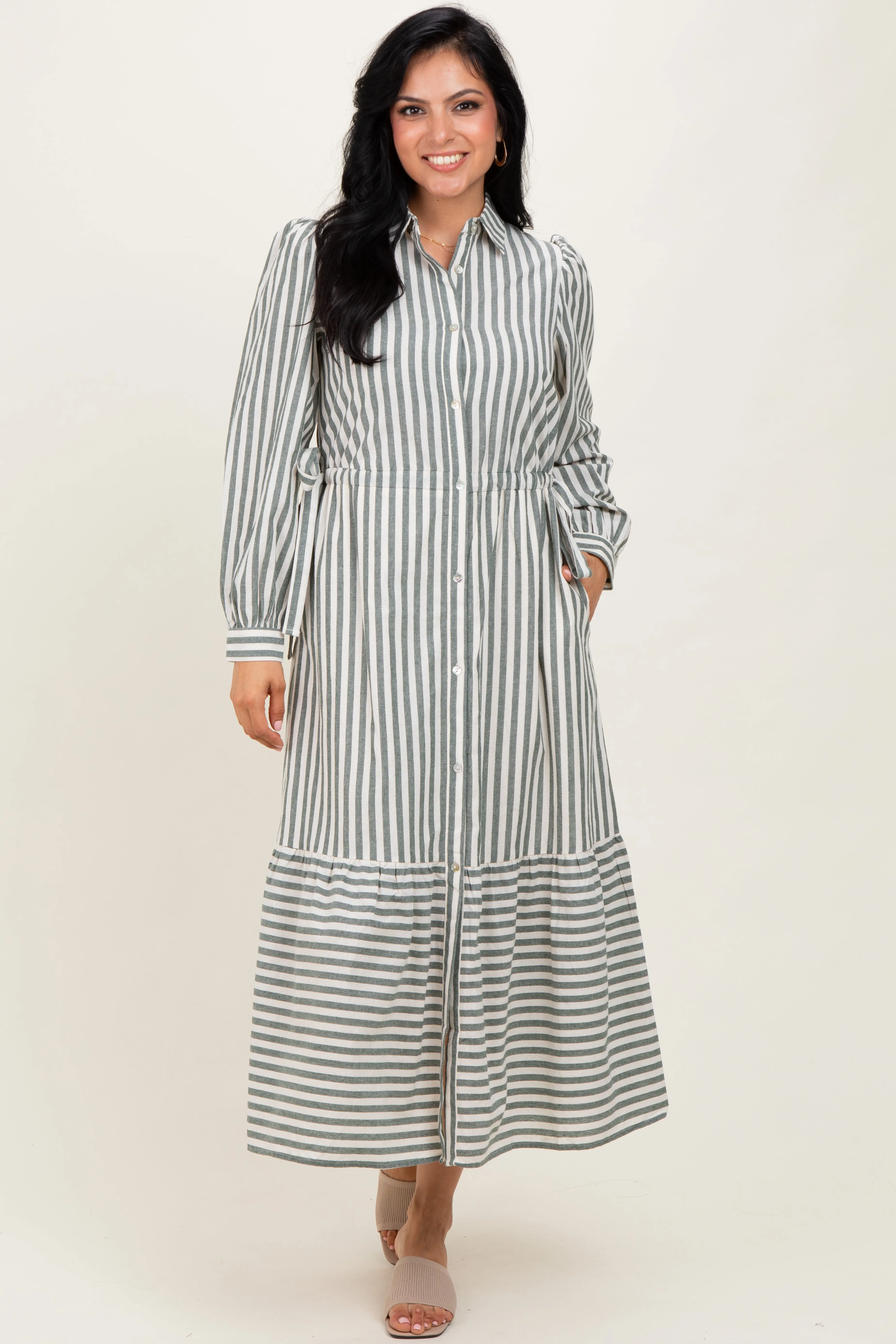 Green Striped Collared Button Down Waist Tie Maternity Maxi Dress sold by Pinkblush product image thumbnail 4