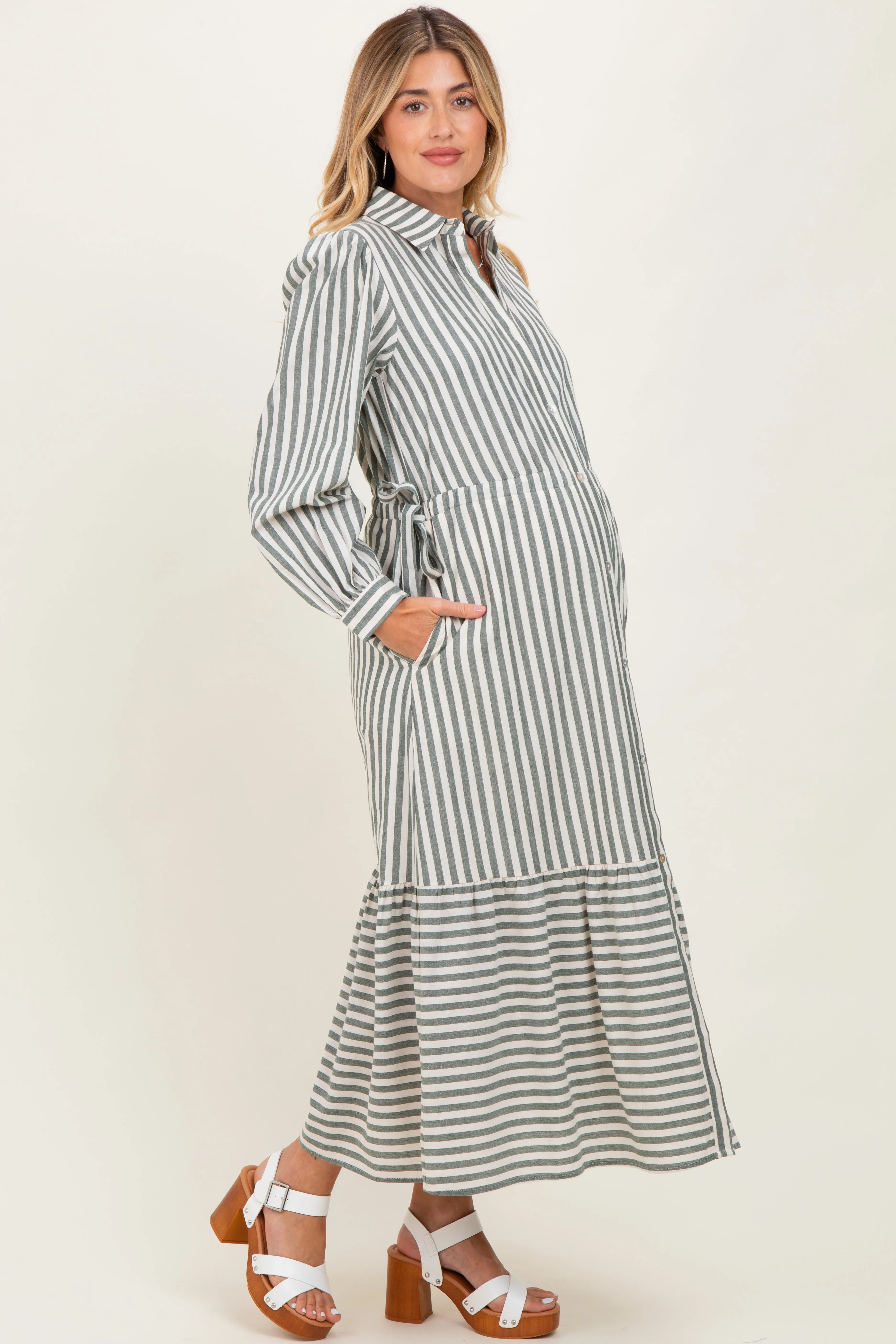 Green Striped Collared Button Down Waist Tie Maternity Maxi Dress sold by Pinkblush product image thumbnail 2