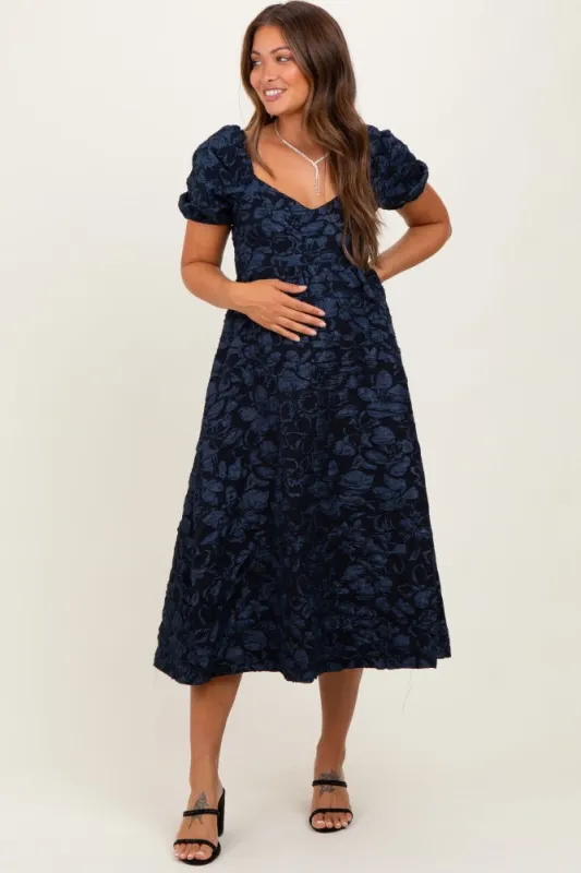 Navy Floral Jacquard Puff Sleeve Maternity Midi Dress sold by Pinkblush