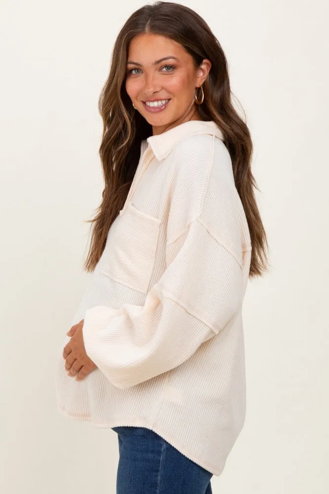 Cream Solid Ribbed Long Sleeve Pocketed Collared V-Neck Maternity Top sold by Pinkblush product image thumbnail 3