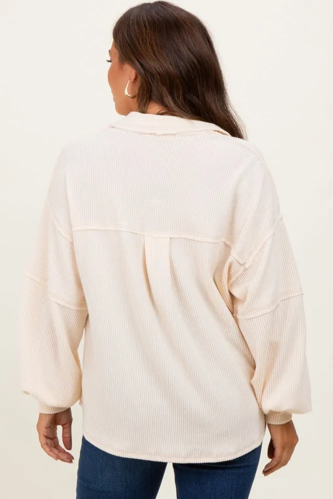 Cream Solid Ribbed Long Sleeve Pocketed Collared V-Neck Maternity Top sold by Pinkblush product image thumbnail 4