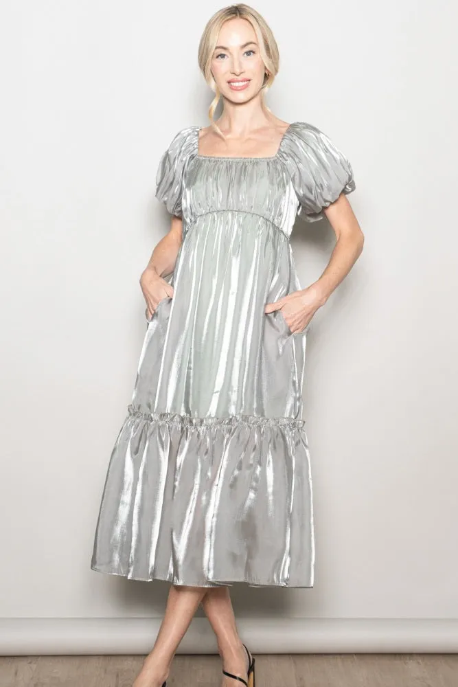 Light Olive Organza Puff Sleeve Maternity Midi Dress sold by Pinkblush product image thumbnail 4