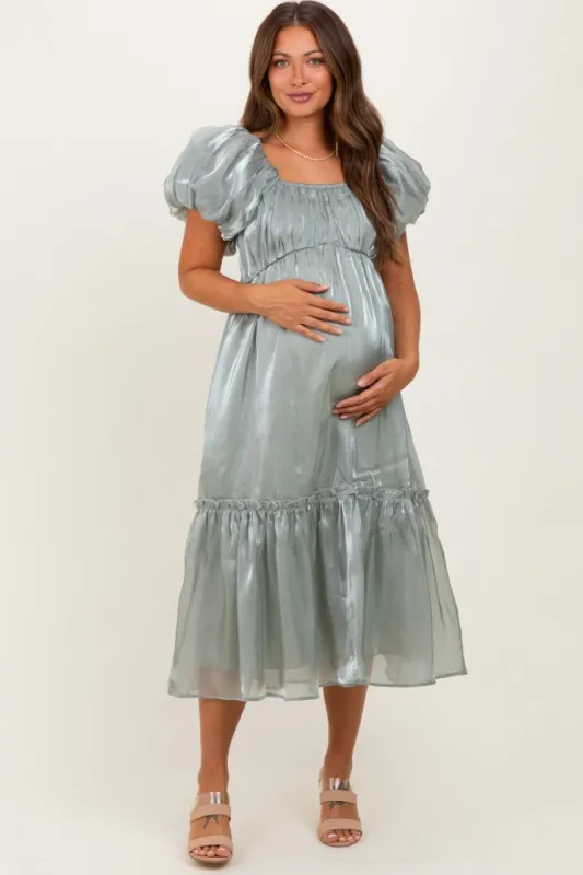 Light Olive Organza Puff Sleeve Maternity Midi Dress sold by Pinkblush